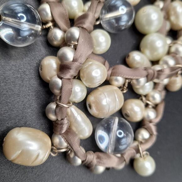 Chico's Glass Pearl Long Necklace,  Clear Globe Beads, 41 Inches, Beige Ribbon - Picture 9 of 11